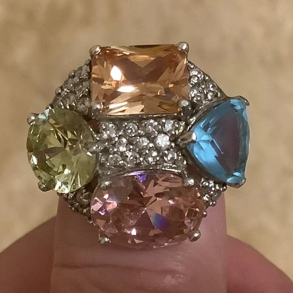 𝅺sterling SILVER MULTICOLOUR CRYSTALS WOMAN RING SIZE US 6.5​